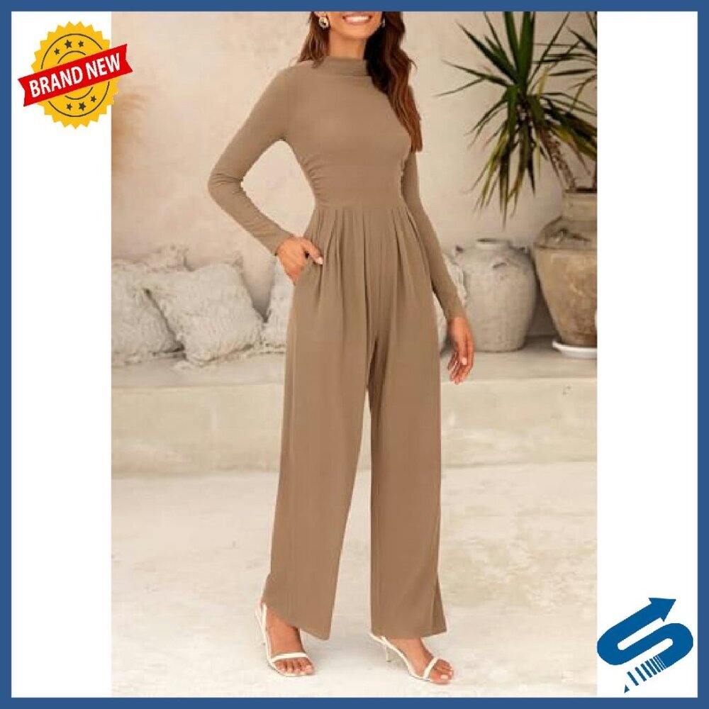 Long Sleeve Mock Neck Jumpsuit Wide Leg Pockets Fall Fashion - Picture 7 of 8